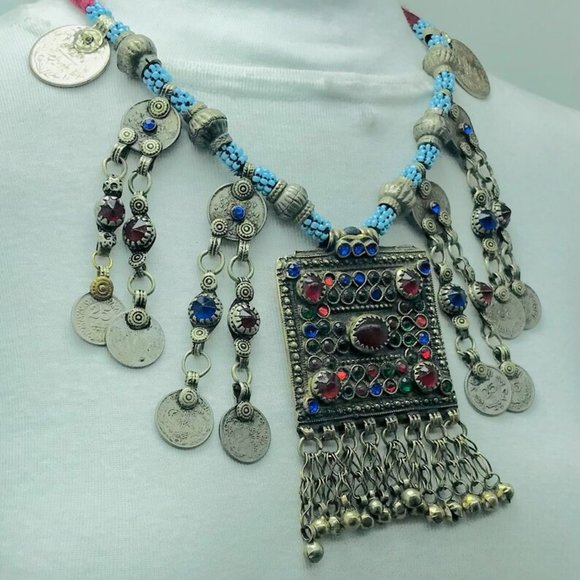 Tribal Handmade Beaded Chain Necklace With Long Tassels and Coins - Picture 3 of 12